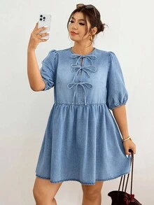 Lounesse Plus Size Women Light Blue Denim Mini Dress,Tie Front Puff Sleeve Round Neck Ruched Ruffle Hem Summer Casual Everyday Outfits,Y2K Vintage Date Dress - Blue - View 8