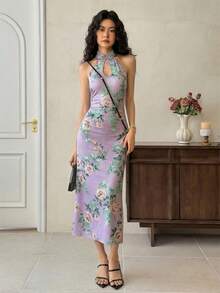 EastFlair Women's Lavender Floral Print Elegant Summer Sleeveless Mid-Length Dress,Halter Neck Chinese Style Cheongsam Dress For Dining Vacation Occasion - Mauve Purple - View 4