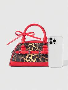 ROMWE Grunge Punk Bolso de mano casual de mujer con diseño de hebilla y estampado de leopardo - Rojo - Ver 3