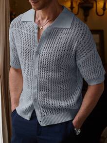 Manfinity Homme 男士纯色短袖单排扣镂空针织上衣 - 水鴨藍 - 查看 5