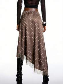 LYSMO 大码新款简约棕色纯色不对称下摆撞色蕾丝优雅半身裙，缎面蕾丝棕色半身裙，适合外出、优雅场合、女士派对礼服、圣诞派对礼服、夏季女装、派对礼服 - 棕色 - 查看 2