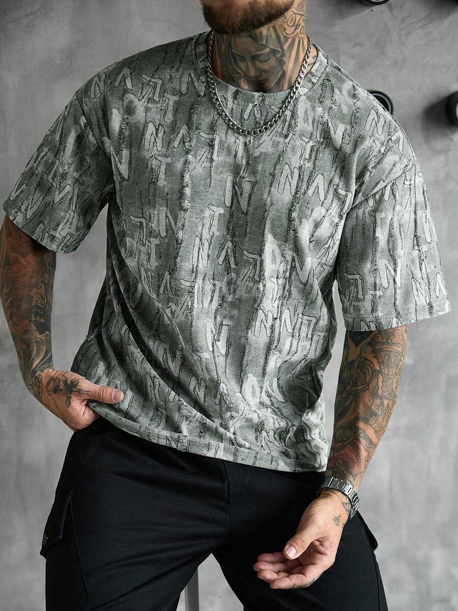 SLATEMANN Áo thun nam phong cách đường phố, chất liệu sần sùi, cổ tròn, tay ngắn, in chữ jacquard. - màu xanh lá - Xem 1