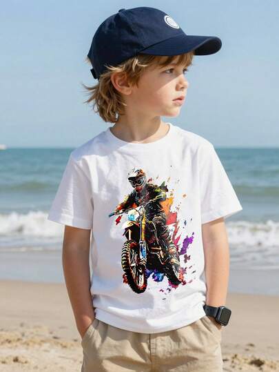 SHEIN GraphicGems Toddler Boys' Colorful Graffiti Motorcycle Print Round Neck Short Sleeve White T-Shirt, Casual Minimalist Streetwear, Suitable For Outdoor Sports, Daily Wear, Spring, Summer, Autumn, Winter