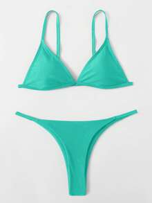 SHEIN Swim Women's Solid Color Minimalist Everyday Bikini Swimwear - Green - View 1