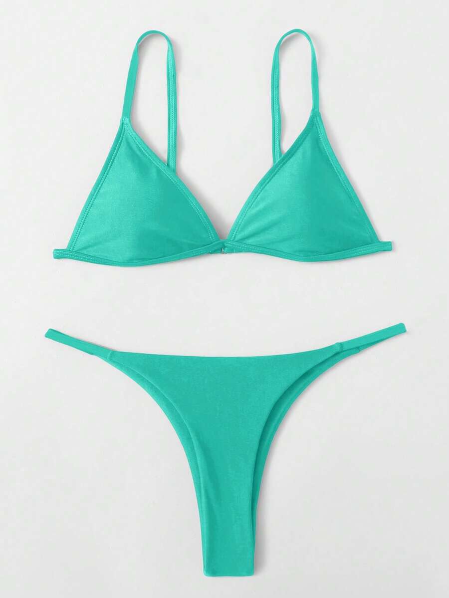 SHEIN Swim Women's Solid Color Minimalist Everyday Bikini Swimwear - Green - View 1