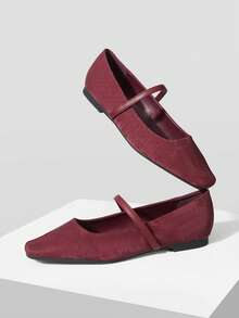MOTF PREMIUM 万圣节舒适简约方头玛丽珍平底鞋，女士百搭款 - 酒紅色 - 查看 9