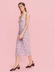 lacRébo Lilac Check And Rose Print Midi Dress With Pink Lace Trim, Romantic French Style Spring,Summer Dress - Mauve Purple - View 5