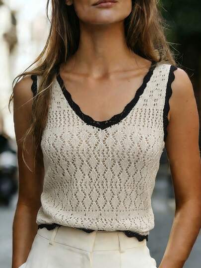 Franclia Women's V-Neck Contrast Binding Open Knit Top, Casual, Vacation, Daily Commute, Summer