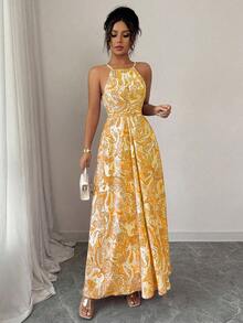 Vestido de mujer sin mangas con cuello de halter, cintura ceñida y dobladillo acampanado con estampado - Amarillo - Ver 3