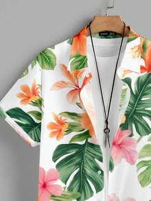 VIVINTIMO Camisa de manga corta casual con estampado de hojas de tortuga para hombre, verano - Blanco - Ver 4