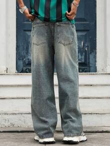 Manfinity EMRG Men's American Street Style Rose Print Vintage Washed Loose Wide-Leg Jeans - Medium Wash - View 2