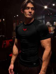 GymBeat 男士休闲翼纹印花插肩袖运动T恤，夏季款 - 黑色 - 查看 4