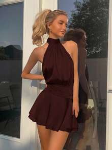 SHEIN EZwear 2026夏季性感露背细肩带系带装饰迷你连衣裙，咖啡棕色 - 咖啡棕 - 查看 4