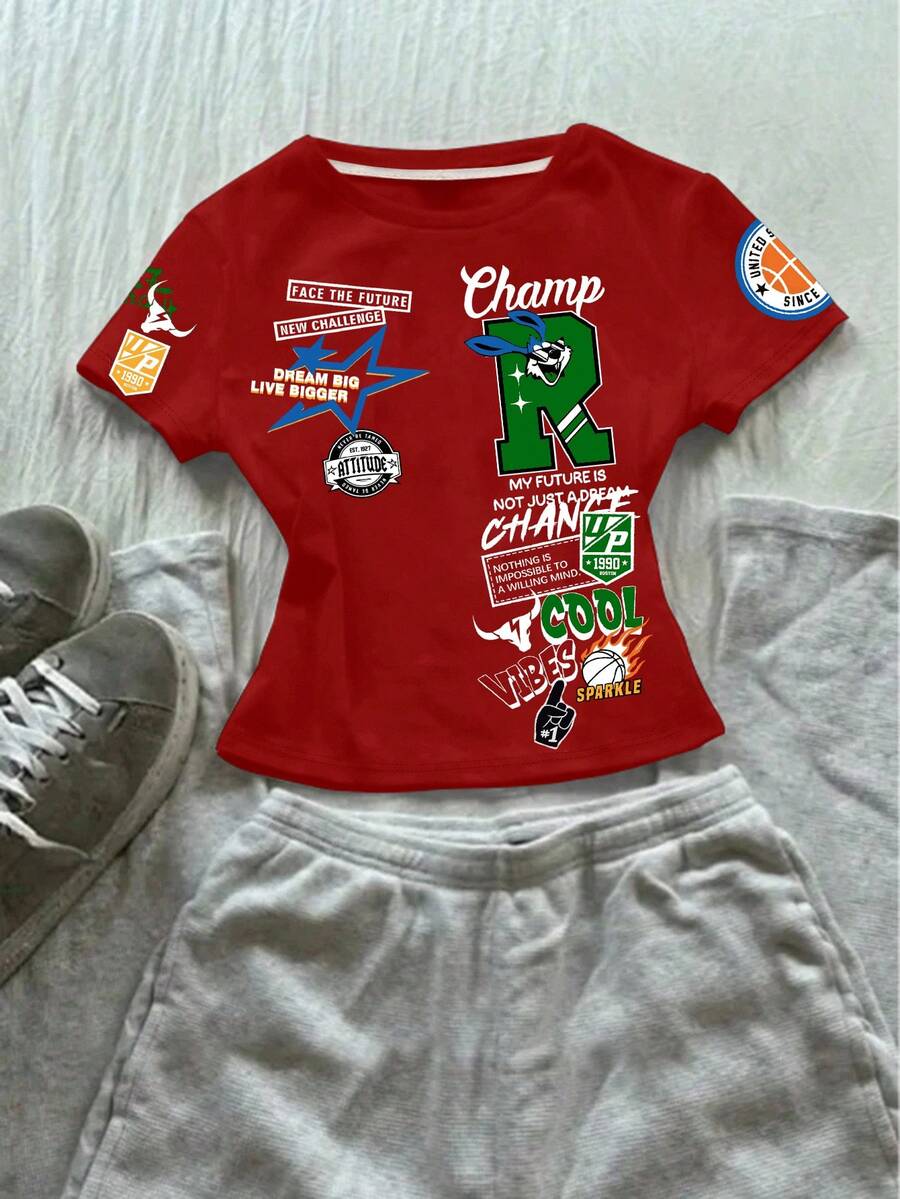 SHEIN R,黑红配色,篮球,修身紧身运动T恤,小麦肤色,啦啦队,啦啦队队长,儿童精选系列,日常基础款,快乐儿童,粉彩色系,机车风,家庭旅行,快乐时光,我爱妈妈,我爱爸爸,温馨的家,酷炫儿童,少女修身休闲舒适圆领短袖T恤,适合夏季穿着 - 彩色 - 查看 1