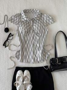 Comfortcana Camicia casual da donna con maniche a cappuccio, monopetto, plissettata - Albicocca - Visualizzare 8