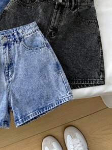 SHEIN Teen Girl Spring Summer Beach Boho Holiday 3 Pieces Solid Light Washed Ripped Raw Hem Casual Baggy Denim Shorts, Summer Concert Rave Festivals, Beach Vacations ,Country Concert - Multicolor - View 3