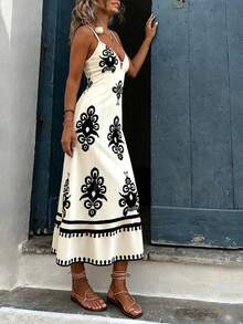Breezaya Long Boho Spaghetti Strap Dress For Women With Random Print Flounce Hem And Ruffle Detail Woven Fabric - Multicolor - View 4