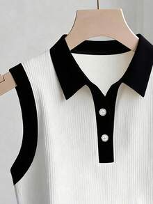 SHEIN PETITE Áo polo không tay phối màu | Áo kiểu thanh lịch, nhẹ nhàng, phù hợp cho đi làm, hẹn hò, mặc thường ngày. Áo polo nữ, áo kiểu thường ngày, áo kiểu thanh lịch mới nhất, áo kiểu giá rẻ, áo kiểu nữ, áo polo nữ, áo kiểu công sở, áo kiểu dễ thương cho nữ, áo YK2K, mã Z65C7, quần áo nữ giảm giá. - Đen và trắng - Xem 3