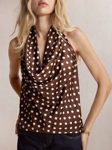 BizChic 春夏新款棕色波点层叠荷叶边垂褶领女式上衣，优雅百搭，适合假日、母亲节派对、婚礼、毕业典礼、音乐会、通勤、办公等场合穿着。 - 棕色 - 查看 5