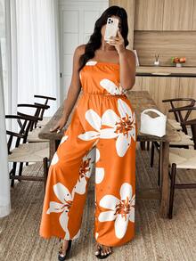 EMERY ROSE Bộ áo liền quần ống rộng cổ yếm in hoa dành cho nữ cỡ lớn - Nhiều màu - Xem 4