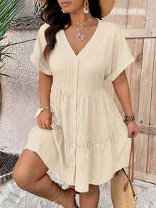 EMERY ROSE Plus Size V-Neck Batwing Sleeves Ruffle Hem A-Line Dress,Cute Beige Woven Fabric Textured Drop Shoulder Boho Summer Holiday Vacation Casual Dress - Apricot - View 1