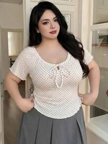 Dazy Plus Ditsy Ditsy Floral Tie Front Scoop Neck Short Sleeve Cropped Summer T-Shirt - White - View 5
