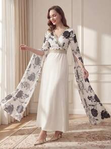 Suri Mira 女士优雅印花V领蕾丝拼接长连衣裙，春夏款 - 杏色 - 查看 6