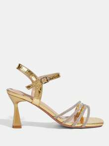CUCCOO TILAWA Sandal Hak Tinggi Elegan Wanita dengan Ujung Persegi dan Hiasan Berlian Imitasi, Bahan PU dengan Motif Batu Emas Gelap, Sepatu Musim Semi, Liburan Musim Semi, Paskah, Sepatu Makan Malam, Natal, Sepatu Hak Tinggi Musim Panas untuk Hari Valentine - Emas gelap - View 2