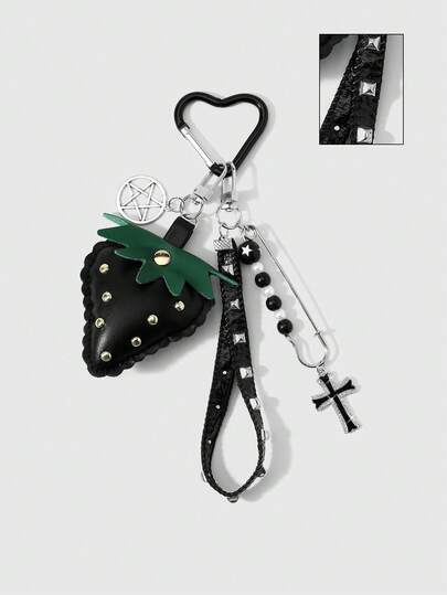 ROMWE Kawaii 1 Y2k Sweet Cool Retro Unique Personalized Punk Dark Wind Goth Handmade Beaded Faux Pearl Black Star Round Bead Pin With Diamond Rhinestone Bright Dripping Oil Cross Hollowed Out Star Ring Black Leather Three-Dimensional Simulation Double-Sided Rivet Filled Strawberry Wrist Strap DIY Love Keychain Bag Pendant Pendant, Suitable For Women, Girls, Sisters, Girlfriends, Daily Wear, Holiday Gifts