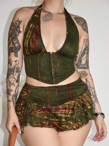 Arliah 女士扎染两件套，嬉皮风格扎染低胸超迷你裙，两件超低腰套装 - 軍綠色 - 查看 6