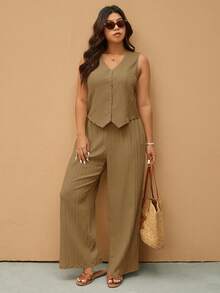 Elaquor Conjunto de 2 piezas de top de tirantes y pantalones de unicolor casual talla grande - Caqui - Ver 5
