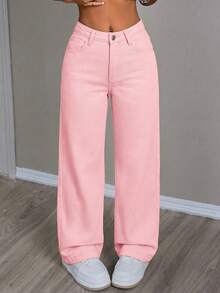 SHEIN PETITE Women's Solid Color Zipper Button Front Pocket Straight Loose Fit Casual Jeans Pants, Suitable For Outdoor Activities - Pink - View 5