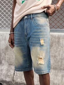 EVRINFINITE Shorts de mezclilla casuales para hombre, desgastados con estilo holgado y sin diseño, de color azul claro, para salir de moda rapera - Lavado ligero - Ver 4