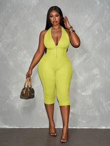 Slaydiva Spring/Summer New Avocado Green Sleeveless Halter Tie-Knot Deep V-Neck Partial Cutout Design High Stretch Ribbed Knit Fabric Plus Size Women Jumpsuit - Yellow - View 6