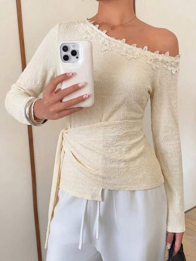 Modelyn Women's Asymmetric Collar Gold Thread Ribbon Waist Trim Asymmetrical Hem Elegant Romantic Sweet Soft T-Shirt