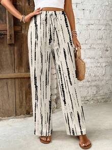 SHEIN Frenchy Quần ống đứng nữ kiểu dáng thường ngày thắt eo, họa tiết nhuộm tie-dye màu be - Phong cách thanh lịch cho kỳ nghỉ xuân/hè, hoàn hảo cho bãi biển, du thuyền, lễ hội âm nhạc Boho, lễ hội miền Tây, phong cách vintage đảo nhiệt đới. - Nhiều màu - Xem 3