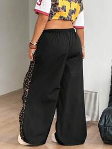 Coolane 加大码豹纹拼接阔腿裤 - 黑色 - 查看 8