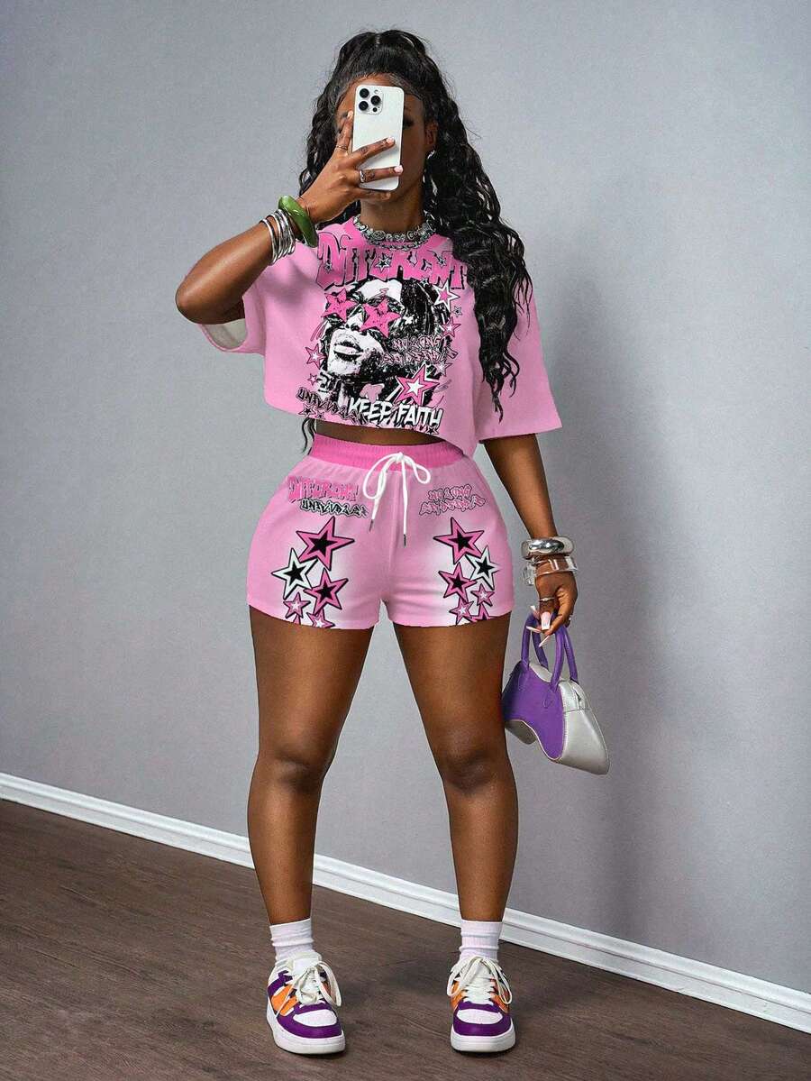 Slaydiva 女士字母和图案印花短袖T恤和短裤休闲两件套