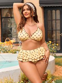 Swim Mod Ensemble de maillot de bain tankini pour femmes grandes tailles, style doux et mignon, minimaliste, avec imprimé à pois aléatoire, col ras-du-cou, nœud et volants à l'ourlet, pour les vacances à la plage - Jaune citron - Voir 4