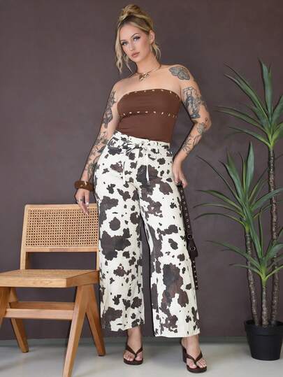 Arliah Jeans casuales de pierna ancha con inserción de bolsillo de estampado de leche para mujeres