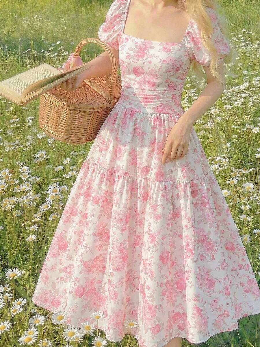 SHEIN Tween Girl 优雅方形领口花卉印花泡泡袖中长连衣裙 - 粉色 - 查看 1