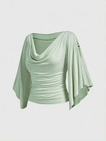 ROMWE Hippie Vintage Loose Off-Shoulder Wooden Bead Decor Scoop Neck Cinched Waist Batwing Sleeve Women T-Shirt