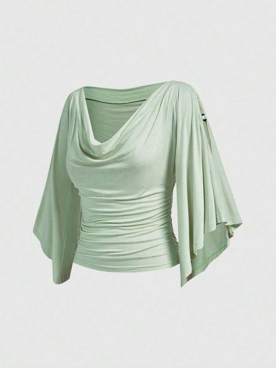 ROMWE Hippie 复古宽松露肩木珠装饰圆领收腰蝙蝠袖女式T恤 - 綠色 - 查看 1