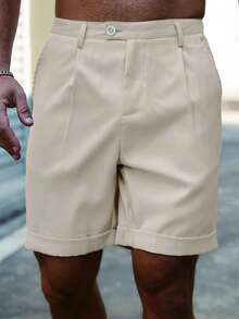 Manfinity Homme Plus Size Men's Solid Color Pleated Pocket Casual Shorts - Khaki - View 7