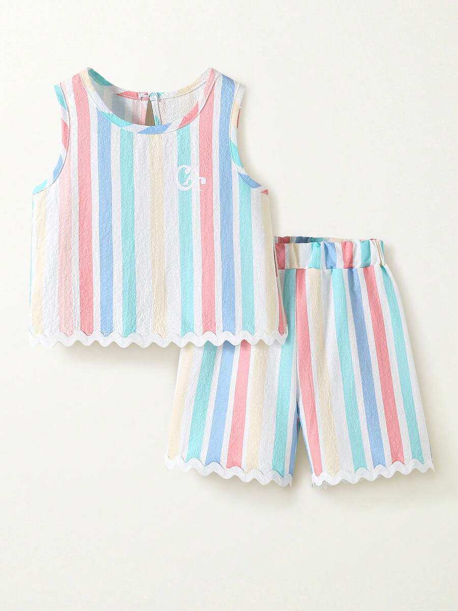 Casuvi Kids Bộ áo thun không tay và quần short kiểu dáng thường ngày dành cho bé gái (cỡ nhỏ), chất liệu vải có họa tiết, phối màu tương phản, gồm áo và quần short. - Nhiều màu - Xem 1