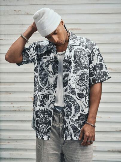 Modcrash 花卉男士沙滩衬衫，复古涂鸦极简黑色休闲夏季 XS-XXL，复古美式，男女皆宜，宽松版型夏季服装 – 适合日常穿着和夏季度假穿着。