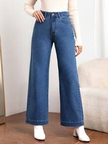 EMERY ROSE Plus Size Women Loose Fit Pockets Wide Leg Casual Jeans - Blue - View 3