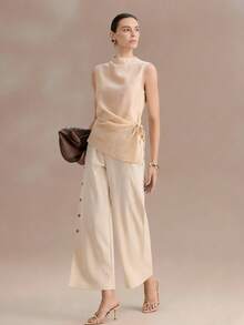 Uhlyne Áo kiểu nữ thanh lịch, không tay, chất liệu giả vải lanh, thắt nơ phía trước, xếp ly, thích hợp cho mùa xuân, hè và thu. - Vàng nhạt - Xem 6