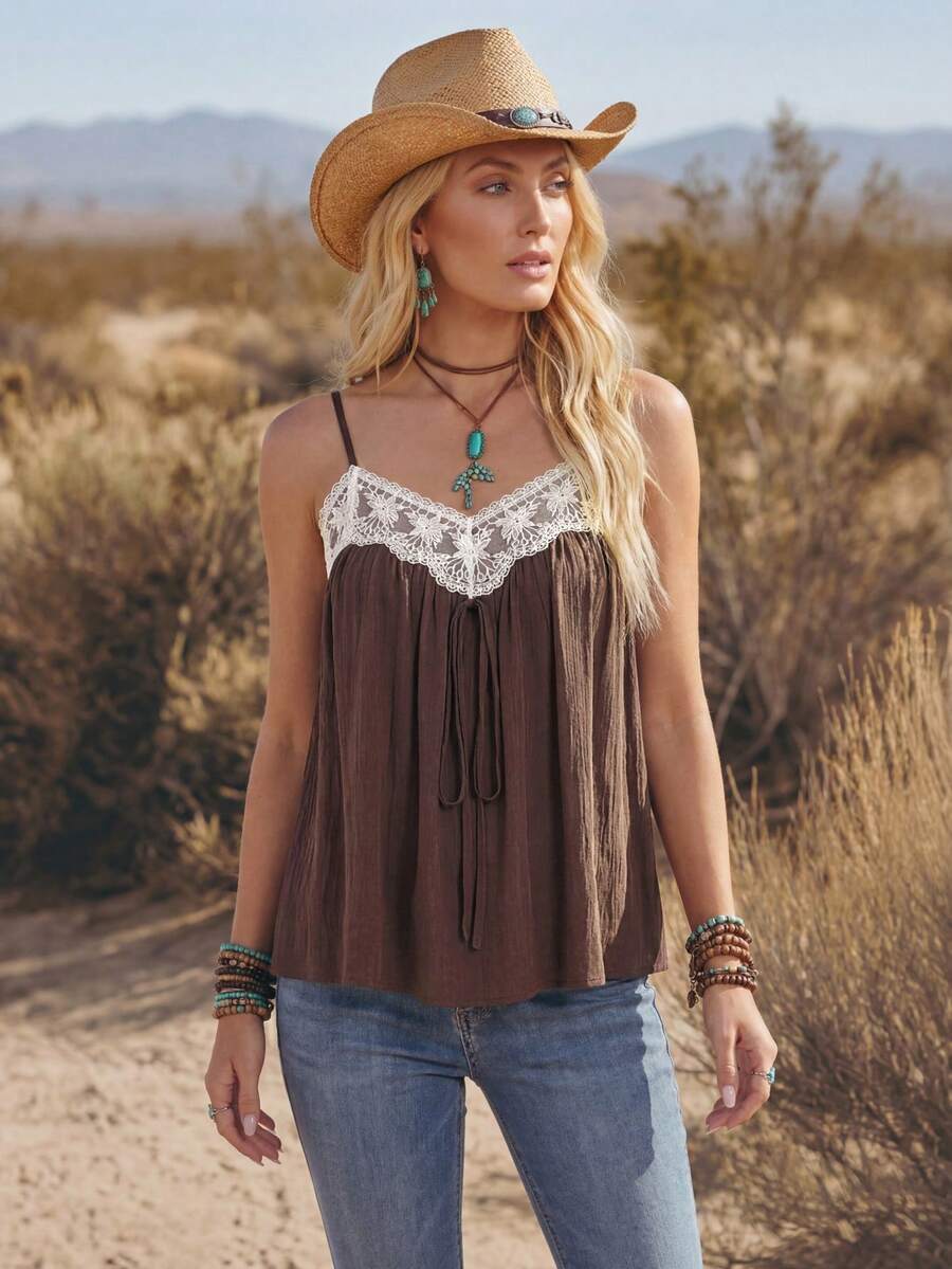 Wildy 波西米亚风休闲西部乡村蕾丝撞色无袖背心，日常通勤必备夏季基本款上衣，夏季可爱女式上衣，波西米亚风女式上衣，波西米亚风背心，波西米亚风时尚女装，波西米亚风时尚女装，波西米亚风时尚女装，音乐节穿搭，夏季穿搭，夏季女式度假穿搭，夏季休闲女式上衣 - 彩色 - 查看 1