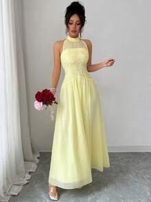 Modelyn 优雅提花腰部喇叭形中长连衣裙，奶油黄 - 黃色 - 查看 6